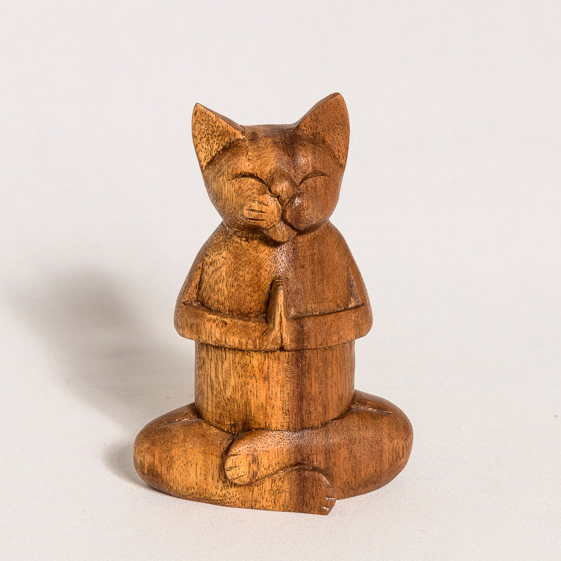 Balinese wooden cat with praying hands and crossed legs
